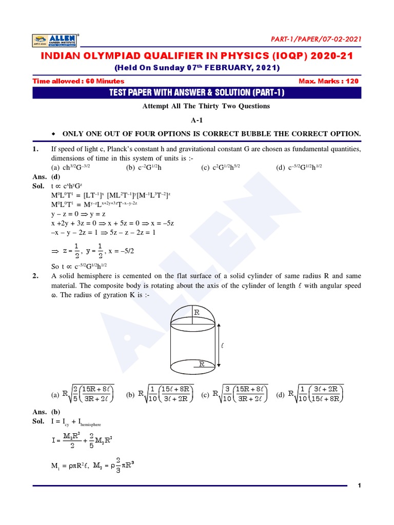 Physics Paper Olympiad Part 1 With Answer Solution | PDF | Gases | Prism