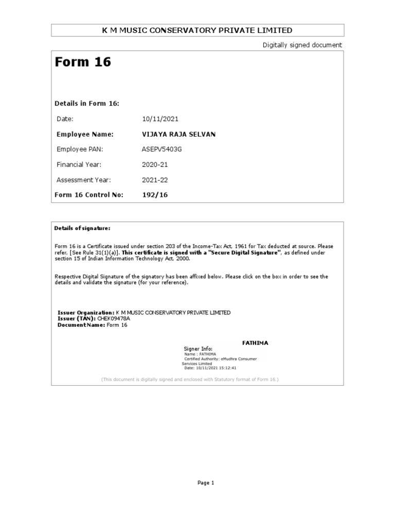 Form 16 - Vijaya Raja Selvan | PDF | Tax Deduction | Tax Exemption