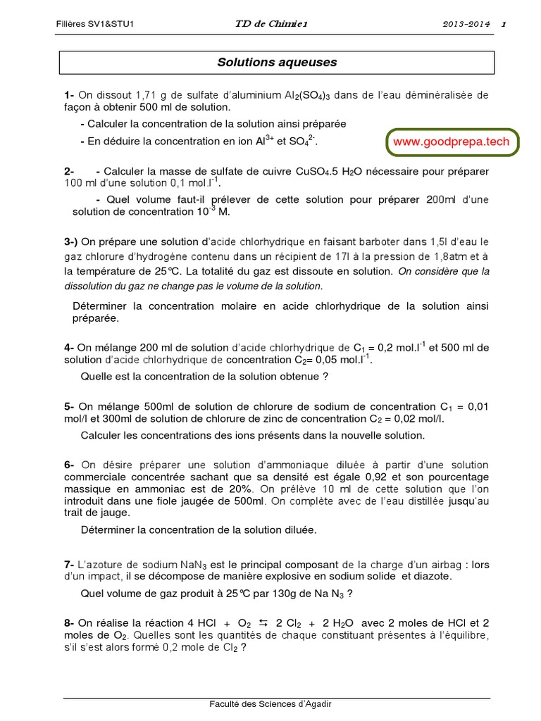 Solutions aqueuses et concentrations chimiques | PDF | Ph | Équilibre ...