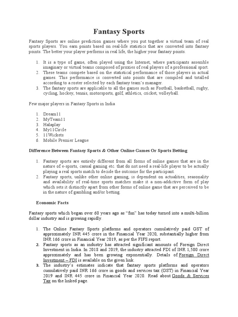 Fantasy Sports Difference Between Fantasy Sports & Other Online Games