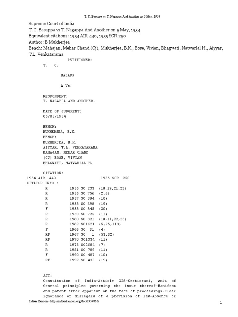 T.C. Basappa v. T. Nagappa Case Summary | PDF | Certiorari | Writ