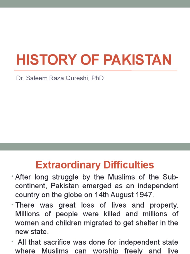 History of Pakistan: Dr. Saleem Raza Qureshi, PHD | PDF | Pakistan ...