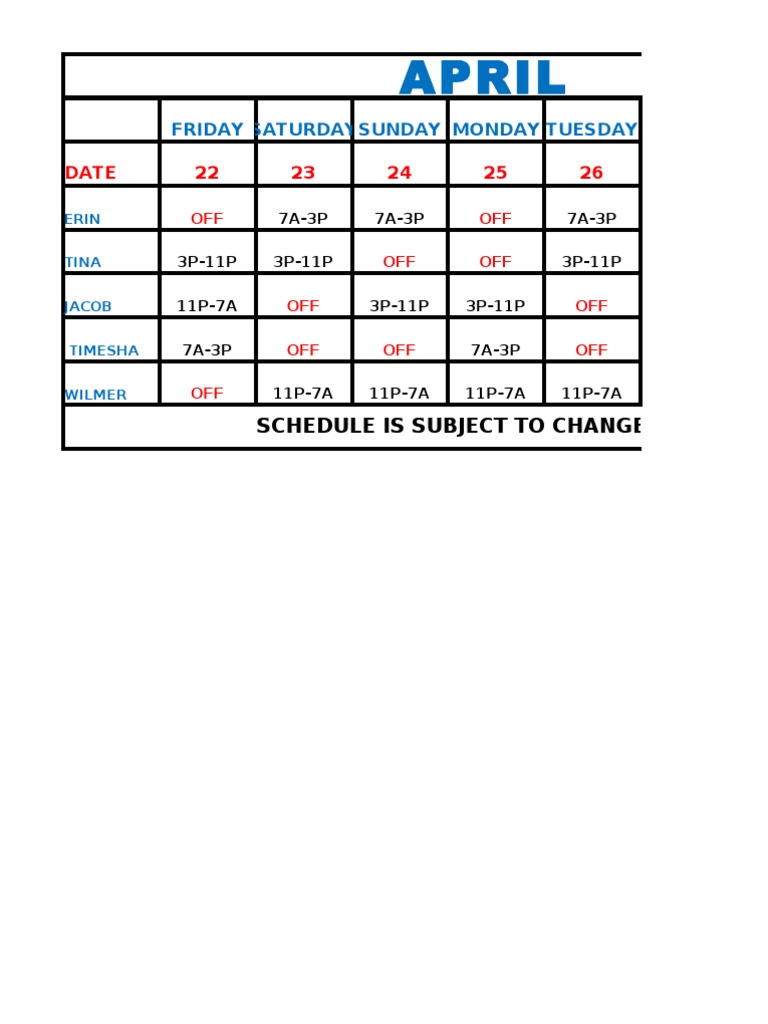 April-May Work Schedule Overview | PDF