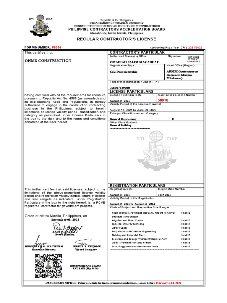 Regular Contractor'S License Ohms Construction Download Free PDF