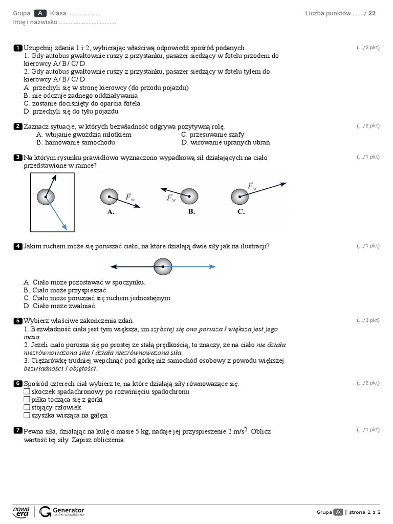 Kinematyka Sprawdzian Klasa 7 Nowa Era Test Dynamika | PDF
