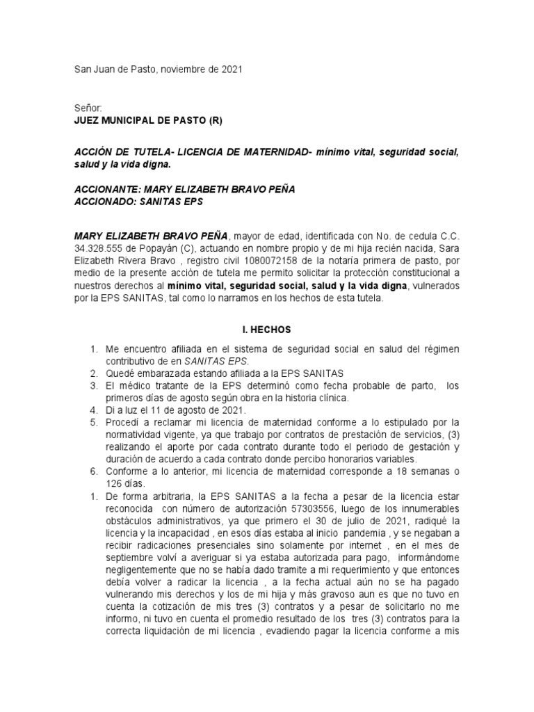 TUTELA Requerir Pago de LICENCIA DE MATERNIDAD | PDF | Salario ...