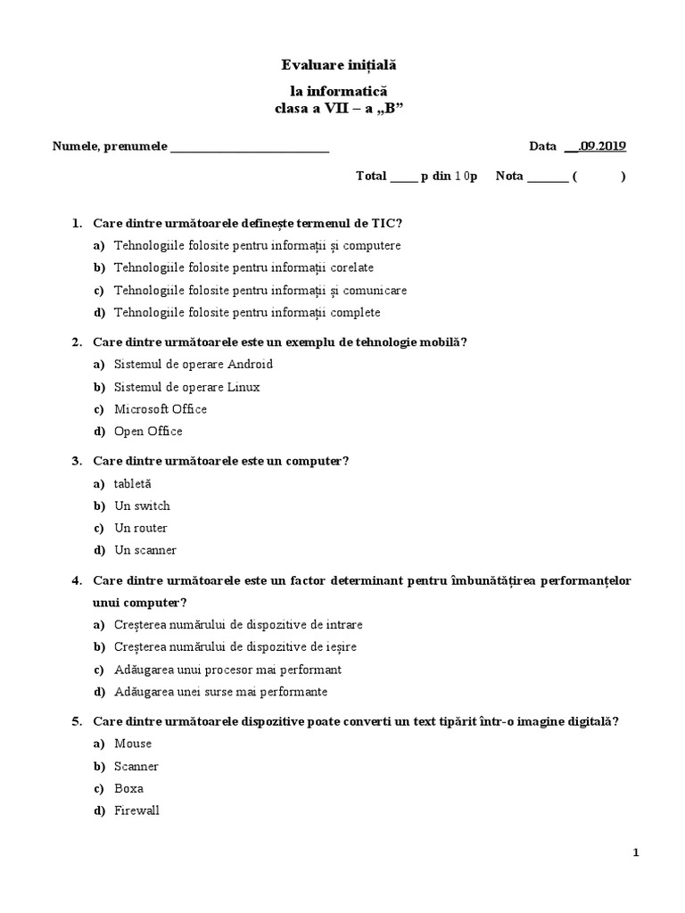 Evaluare Initiala La Informatica Clasa A 7 A | PDF