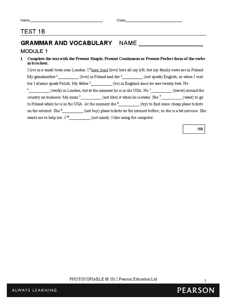 Grammar and Vocabulary: Test 1B NAME | Descargar gratis PDF | Human ...