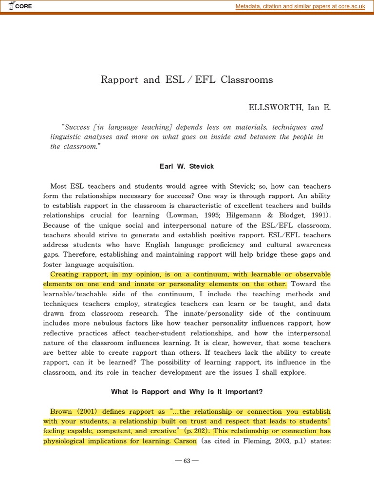 Building Rapport in ESL Classrooms | PDF | English As A Second Or ...