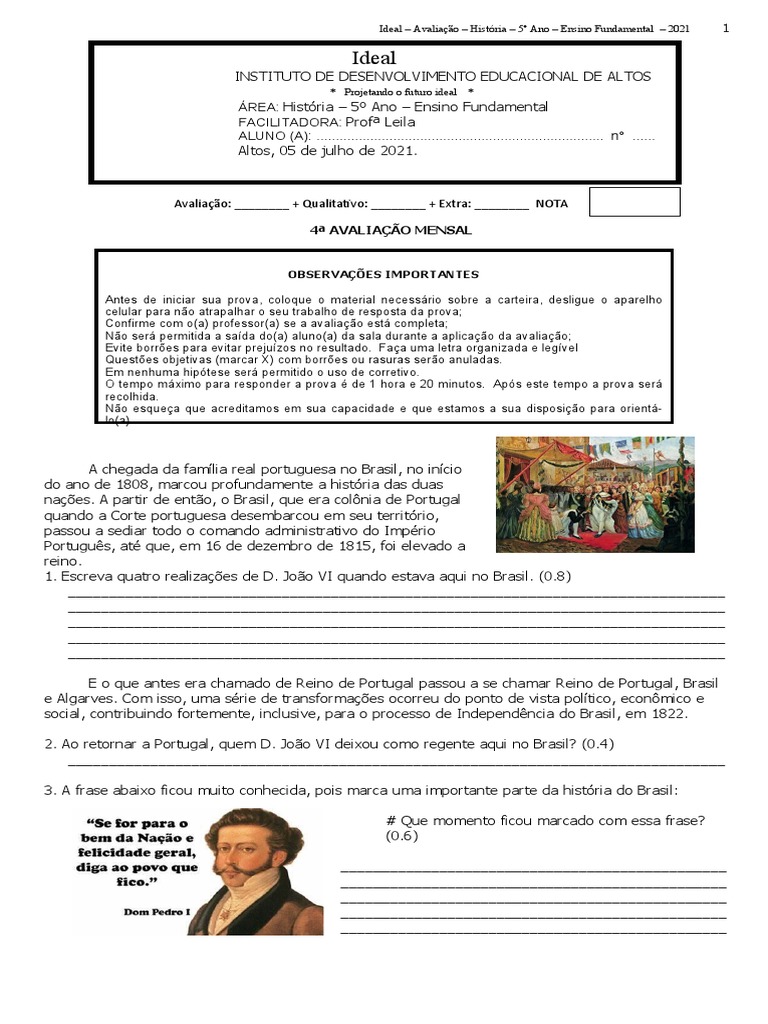 Prova de História - 5º Ano | PDF | Brasil
