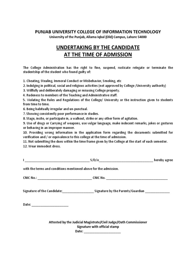 Undertaking For Admission | PDF