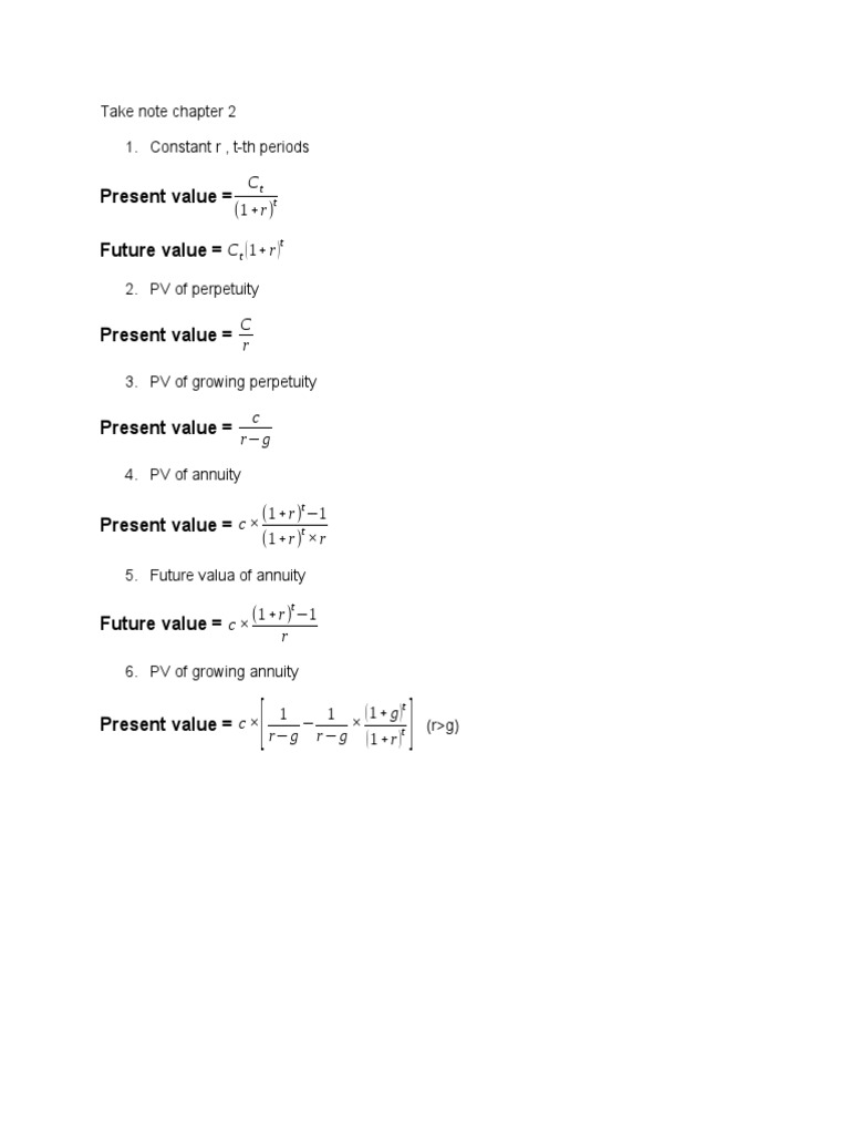 Present Value Future Value : Take Note Chapter 2 1. Constant R, T-TH ...