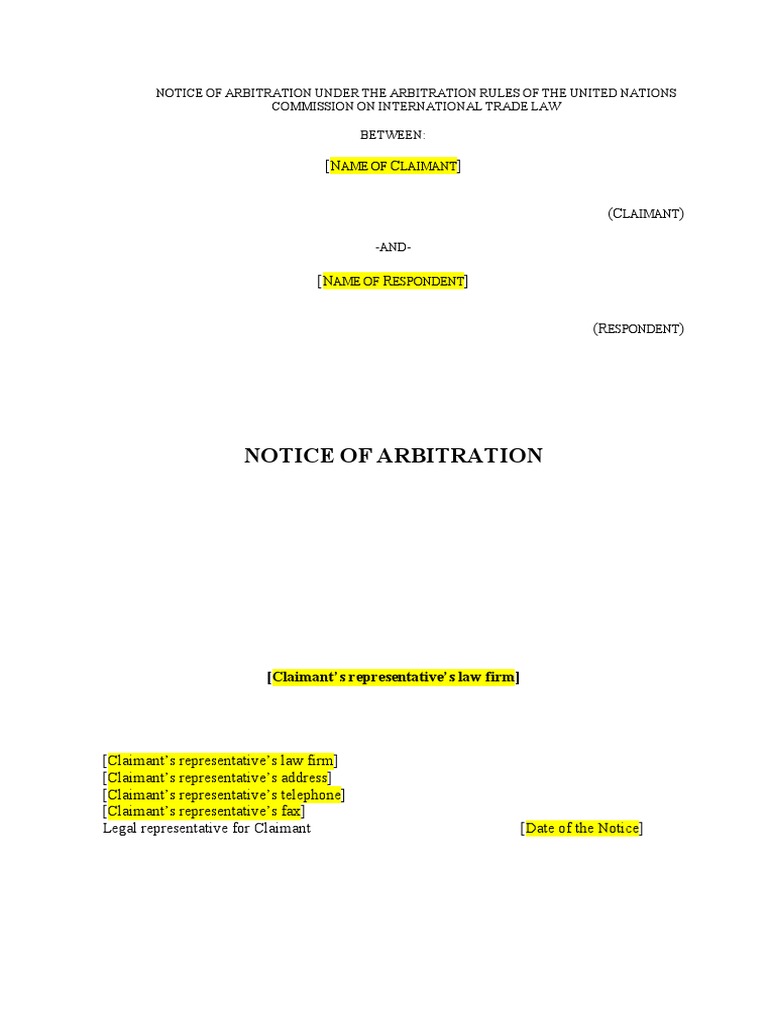 UNCITRAL Arbitration Notice Template | PDF | Arbitration | Damages