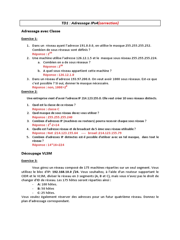 Correction TD1 : Adressage IPv4 | PDF | Méthodes et références ...