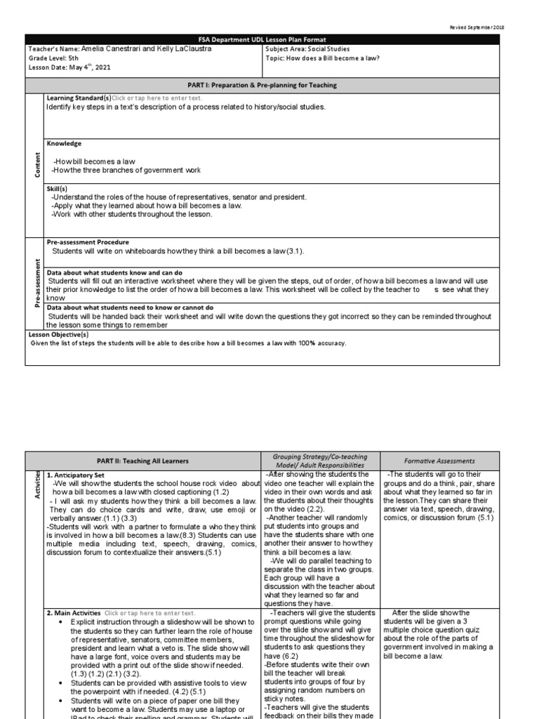 UDL Lesson Plan: Bill to Law Process | PDF | Education Theory | Applied ...