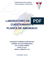 Laboratorio de R&Aa Cuestionario 8 Planta de Amoniaco: Universidad Mayor de San Simon Facultad de Ciencias Y Tecnología