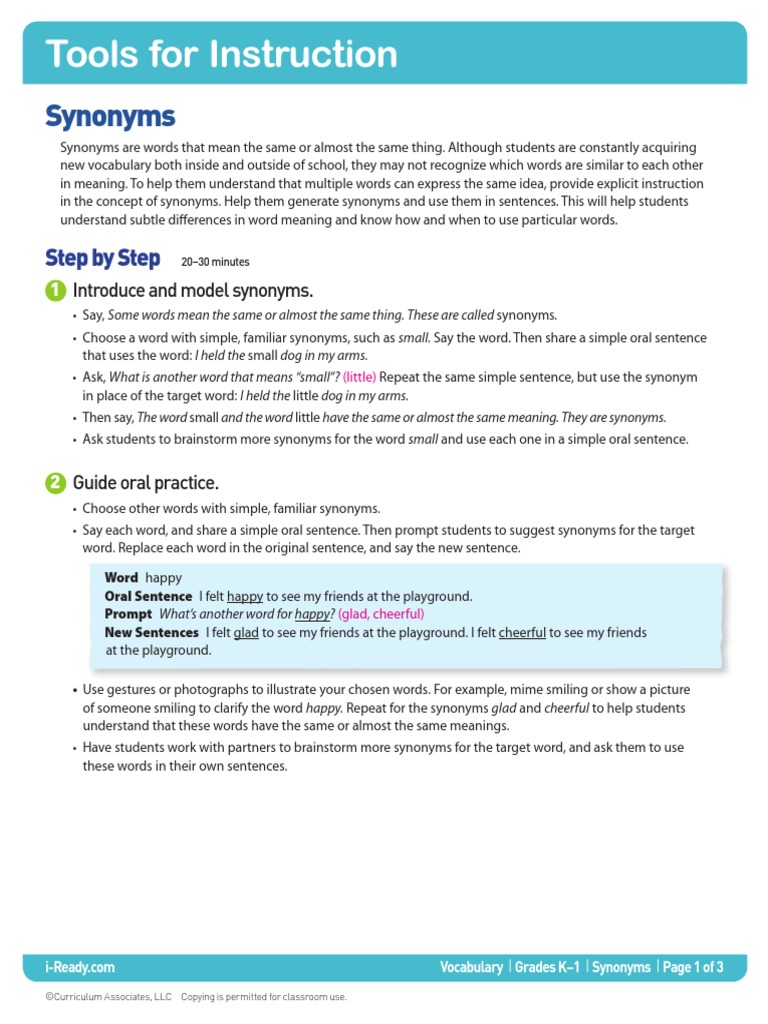 K1 Teacher Led Synonyms PDF Vocabulary Behavior Modification