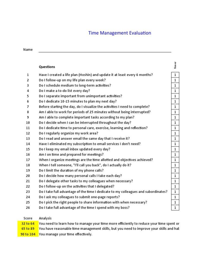 Time Management Evaluation Questions PDF Time Management