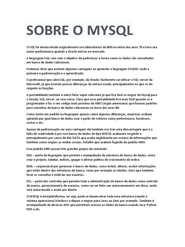 Introdução ao MySQL e SQL Básico | PDF | SQL | Software de ...