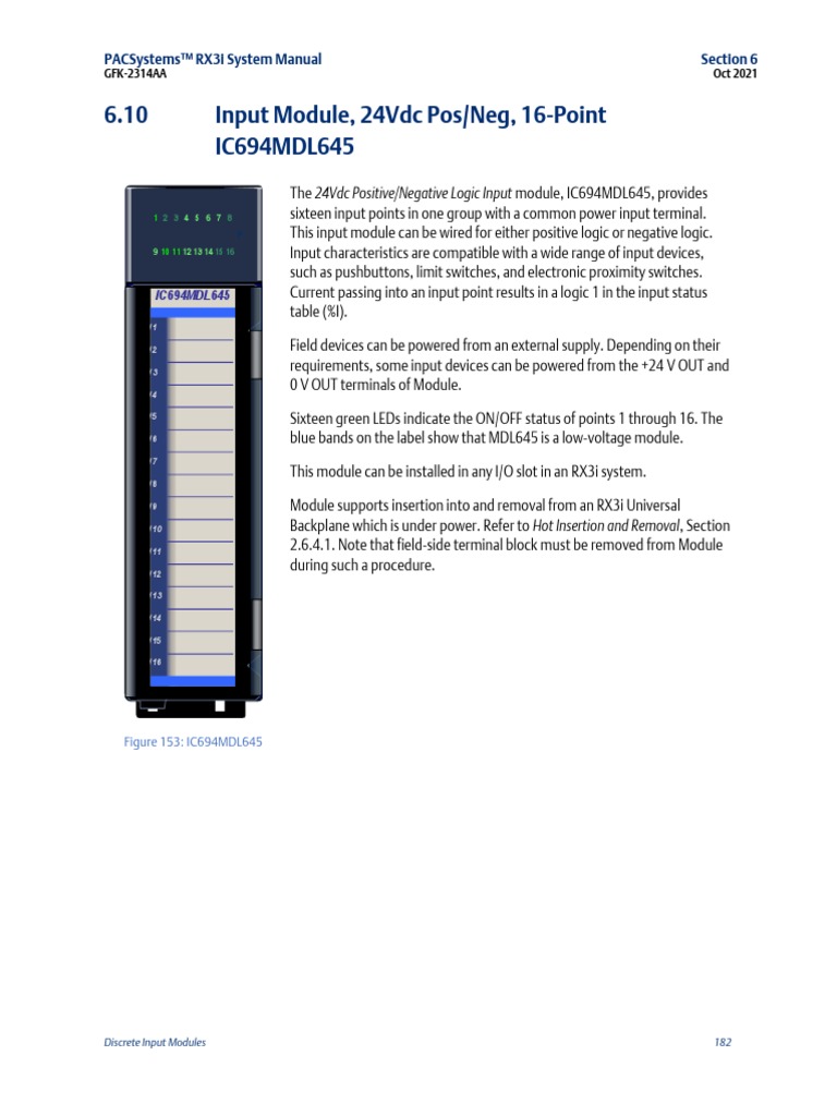 6.10 Input Module, 24Vdc Pos/Neg, 16-Point IC694MDL645 | PDF | Power ...
