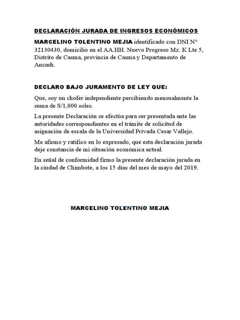 Declaración Jurada de Ingresos Económicos | PDF