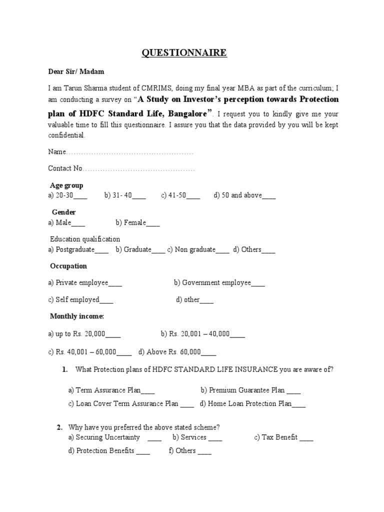 Questionnaire: A Study On Investor's Perception Towards Protection Plan ...