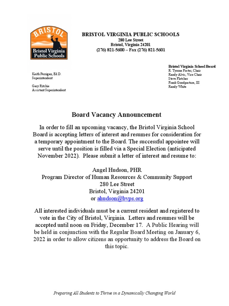 Bristol, Virginia School Board Vacancy Announcement PDF