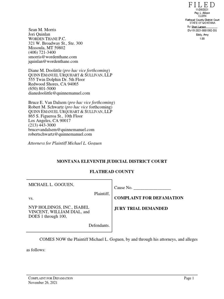 Goguen V New York Post - Complaint For Defamation | PDF | Defamation ...