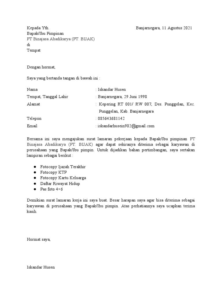 contoh surat lamaran kerja
