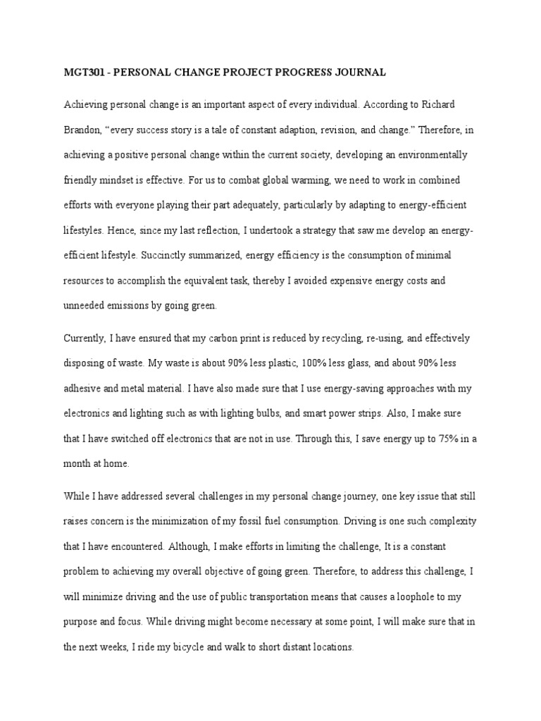 Mgt301 - Personal Change Project Progress Journal | PDF | Lifestyle