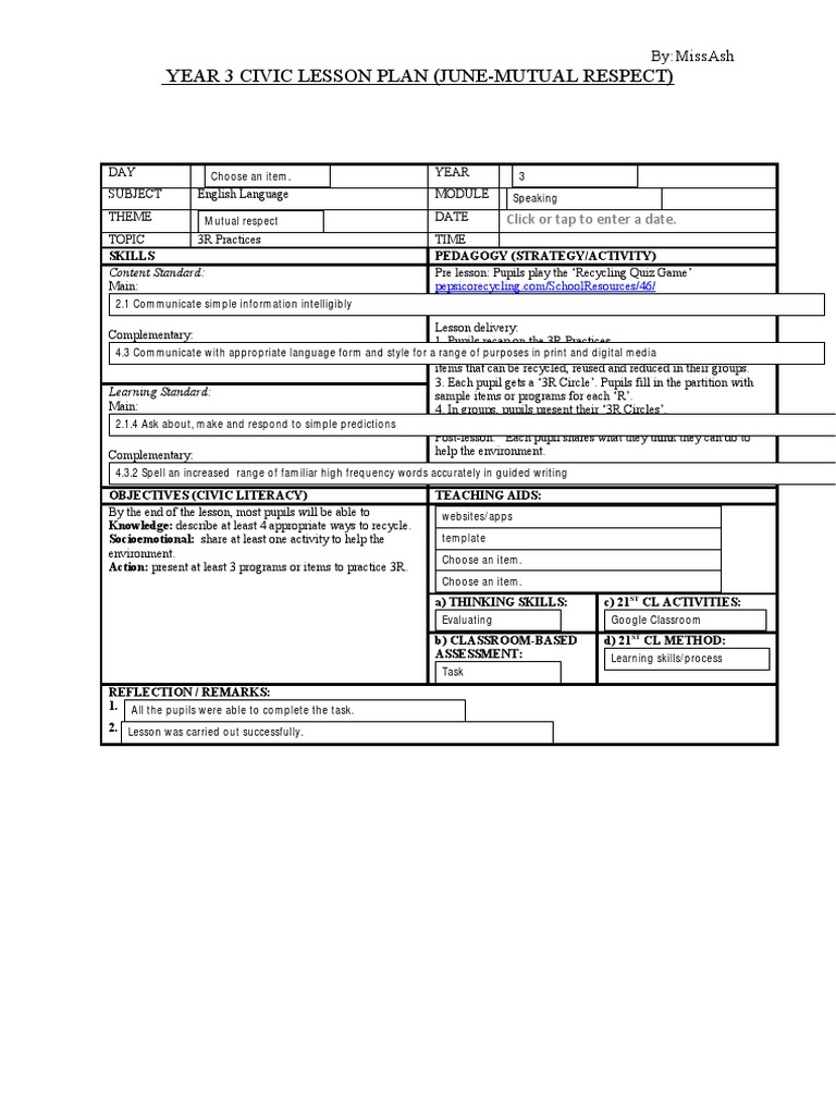 Year 3 civic lesson plan june mutual respect by missash pdf