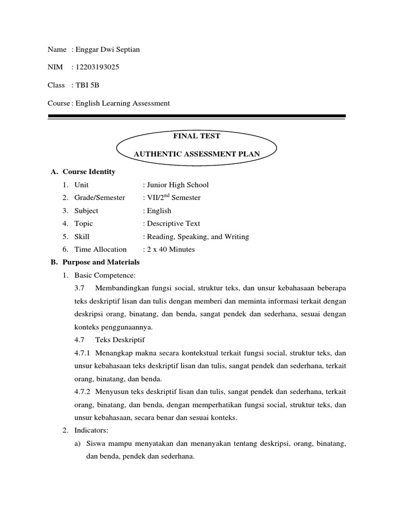 Authentic Assessment Plan for Descriptive Text | PDF | Grammar | Cognition