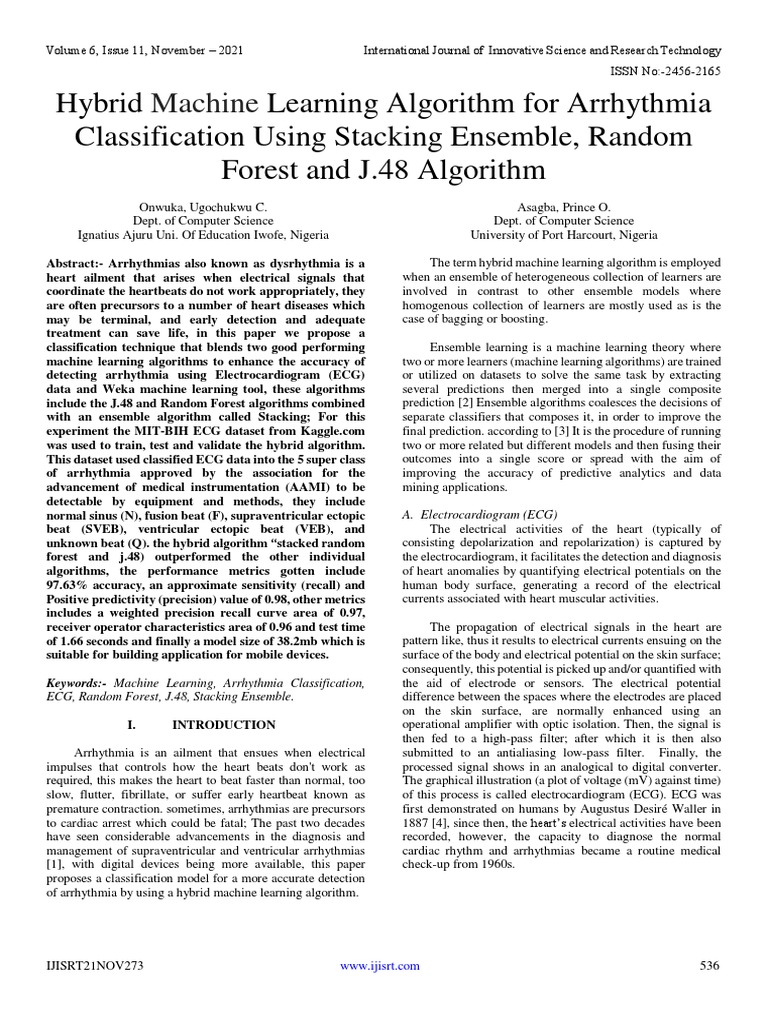 Hybrid Machine Learning Algorithm For Arrhythmia Classification Using ...