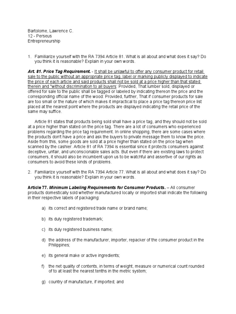 Art. 81. Price Tag Requirement. It Shall Be Unlawful To Offer Any