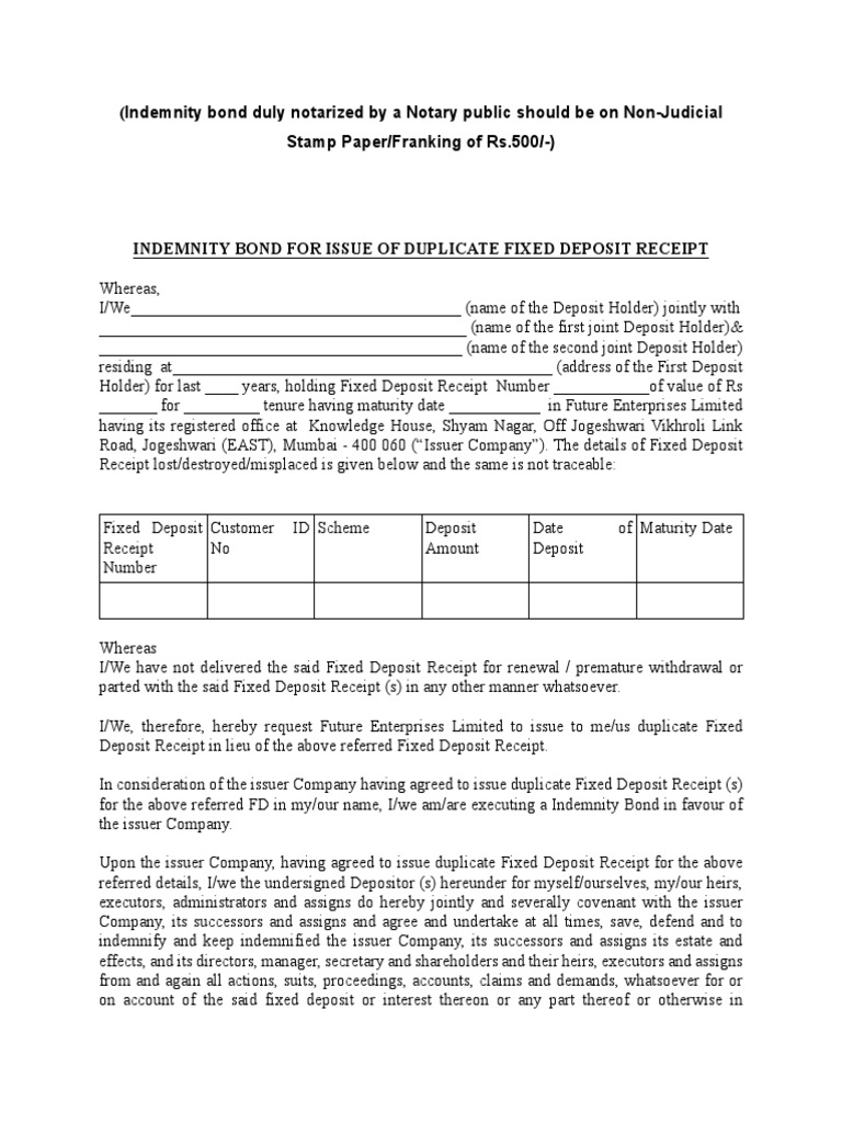 INDEMNITY BOND For Issue of Duplicate Fixed Deposit Receipt PDF