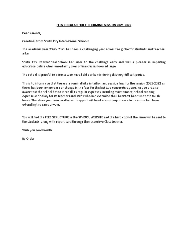Greetings From South City International School Fees Circular For The