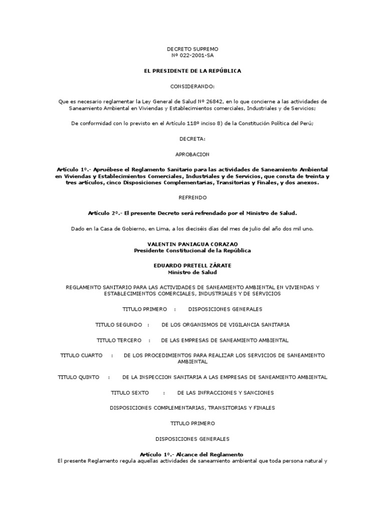 DECRETO SUPREMO #022-2001 - Sa | PDF | Tanque séptico | Saneamiento