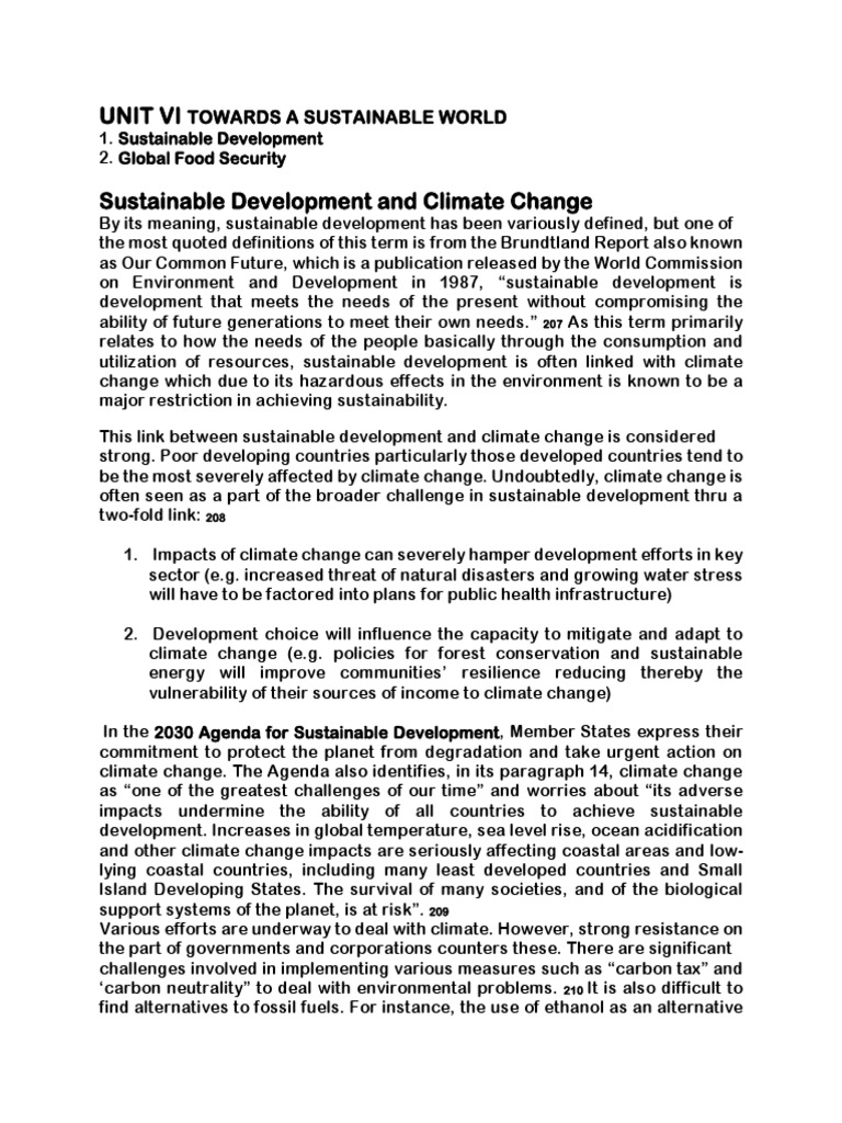 Unit Vi Towards A Sustainable World Pdf Sustainability Food Security