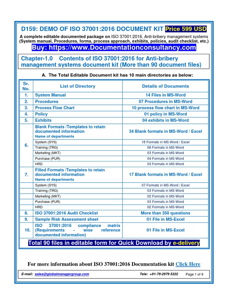 ISO 37001:2016 Document Kit Overview | PDF | Audit | Risk