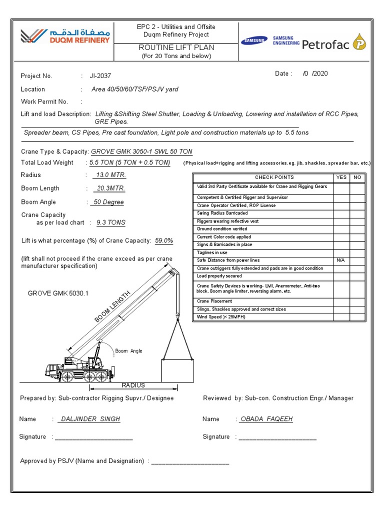 Routine Lift Plan For All CraneGrove GMK 50 Ton PDF Crane (Machine