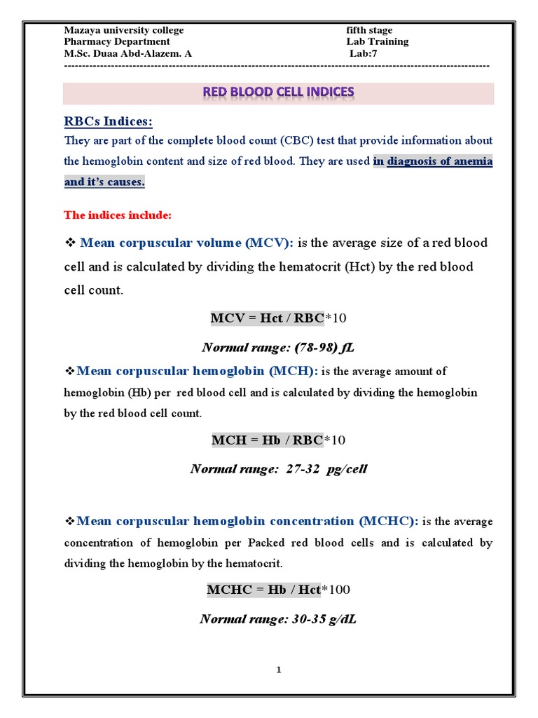 Rbcs Indices:: Mean Corpuscular Volume (MCV) | PDF | Anemia | Clinical ...