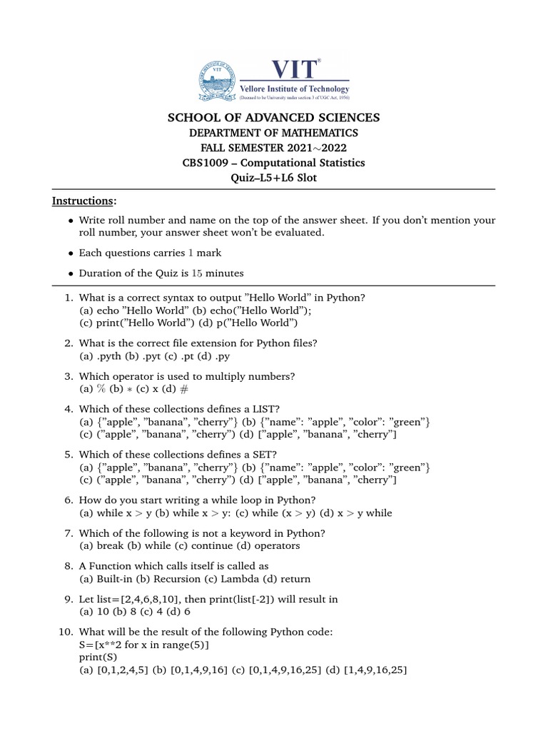 Python Quiz: Computational Statistics | PDF | Teaching Methods & Materials