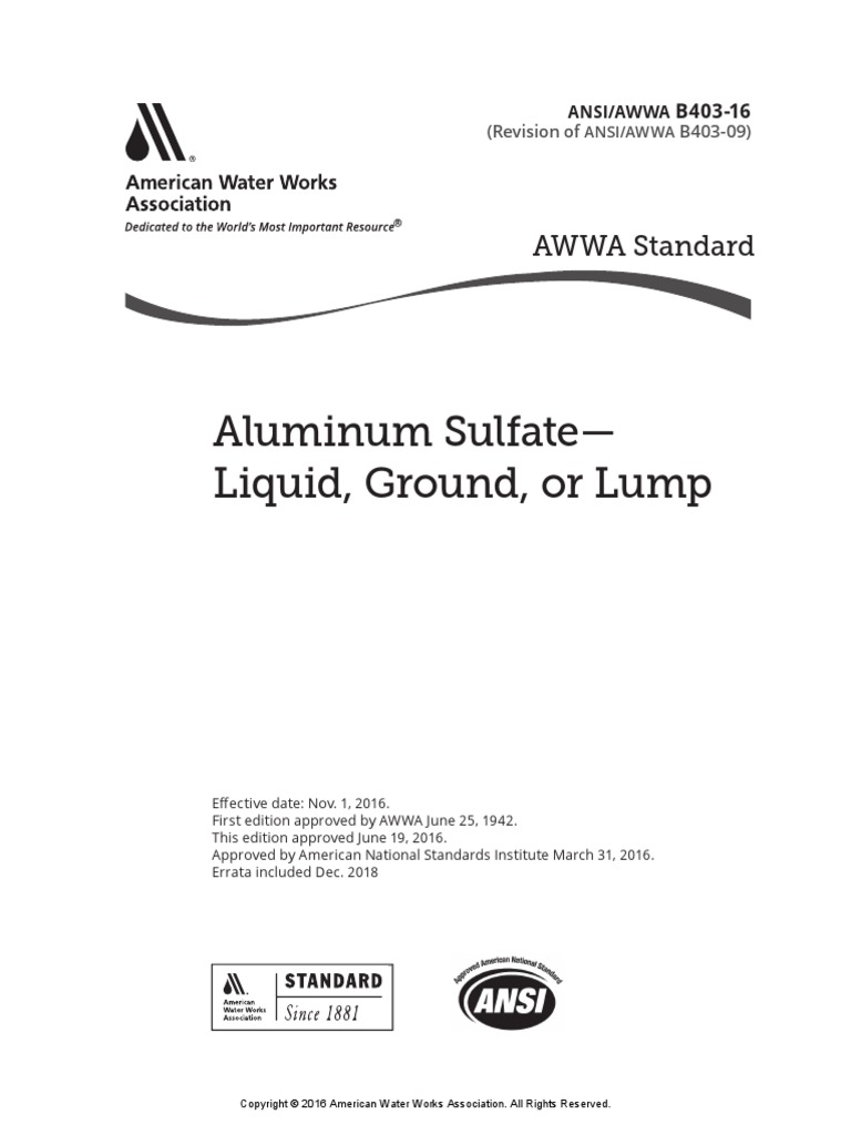 Aluminum Sulfate Liquid, Ground, or Lump AWWA Standard PDF