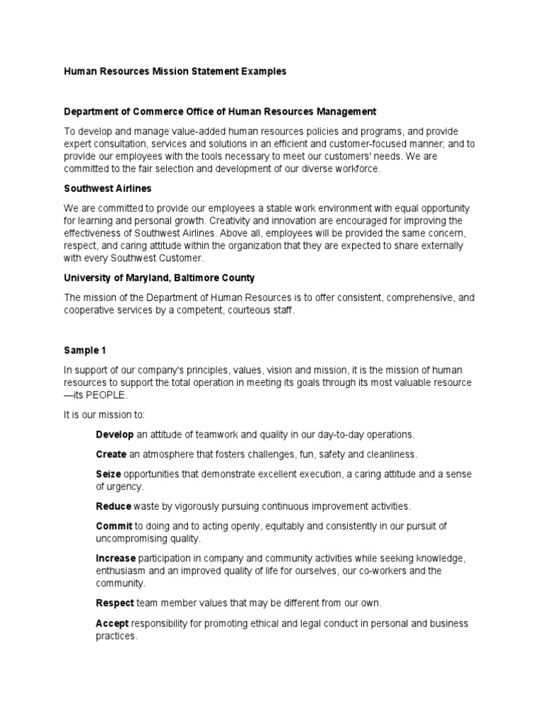 Human Resources Mission Statement Examples PDF Human Resources