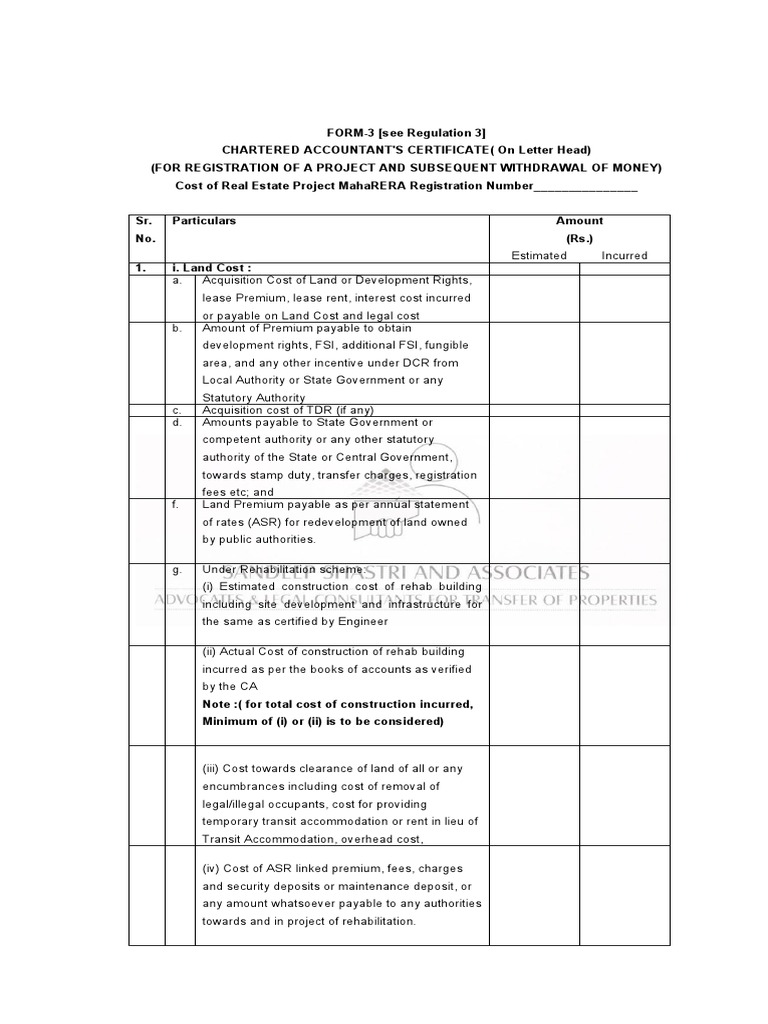 Rera Form 3 Chartered Accountant's Certificate PDF Interest Cost