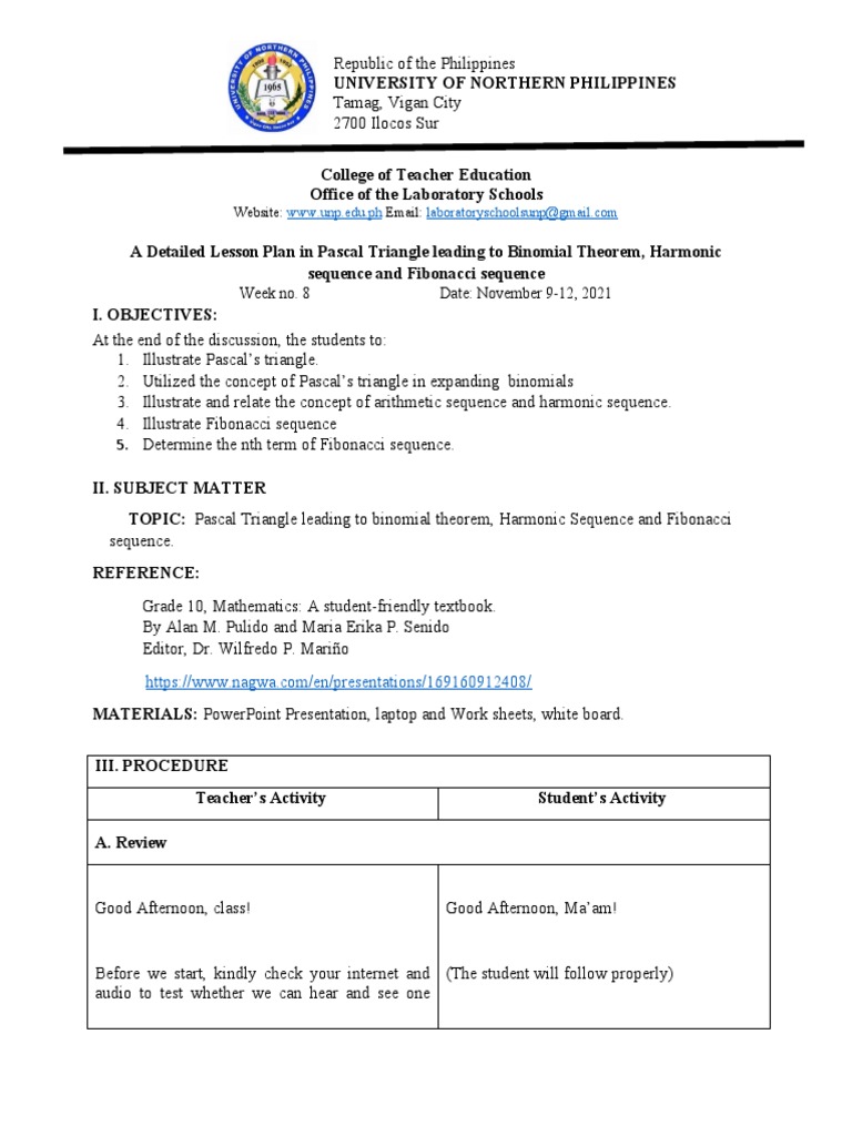 A Detailed Lesson Plan in Pascal Triangle Leading To Binomial Theorem ...