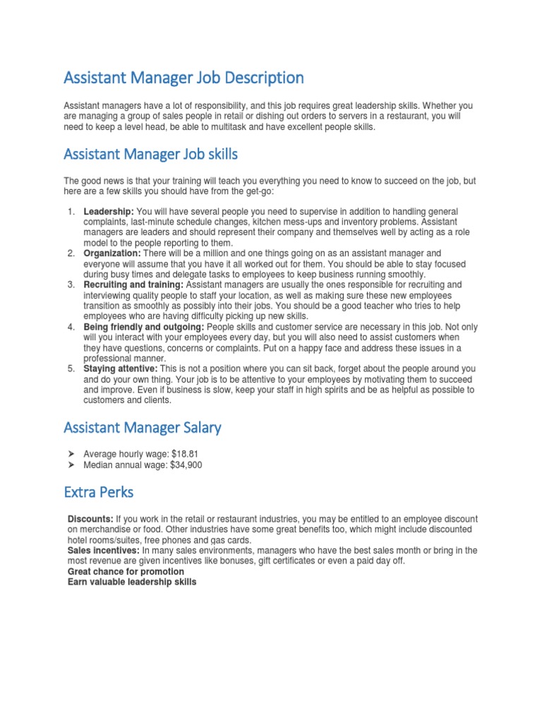 Assistant Manager Job Skills PDF Employment Clothing