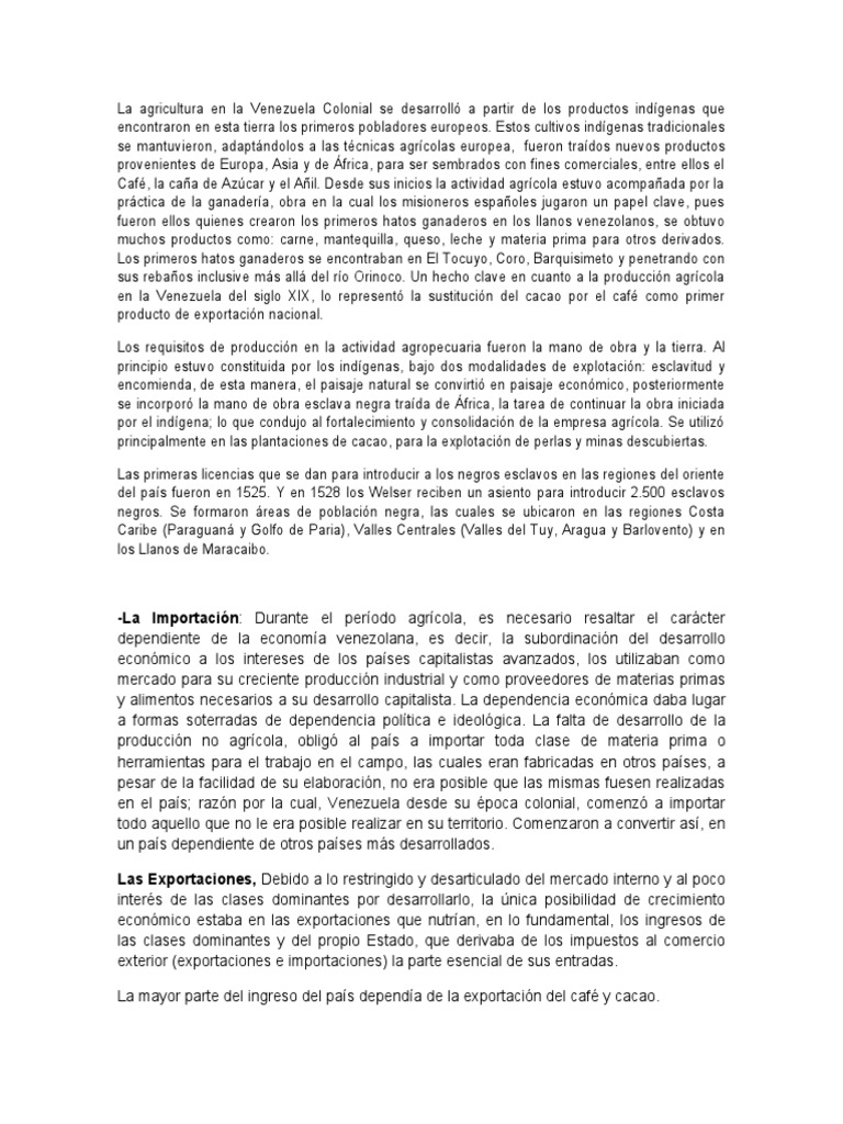 Venezuela en La Época Colonial | PDF | Venezuela | Agricultura