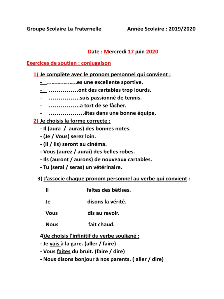 Exercices De Conjugaison En Ligne Exercices de Soutien Conjugaison 2AP | PDF