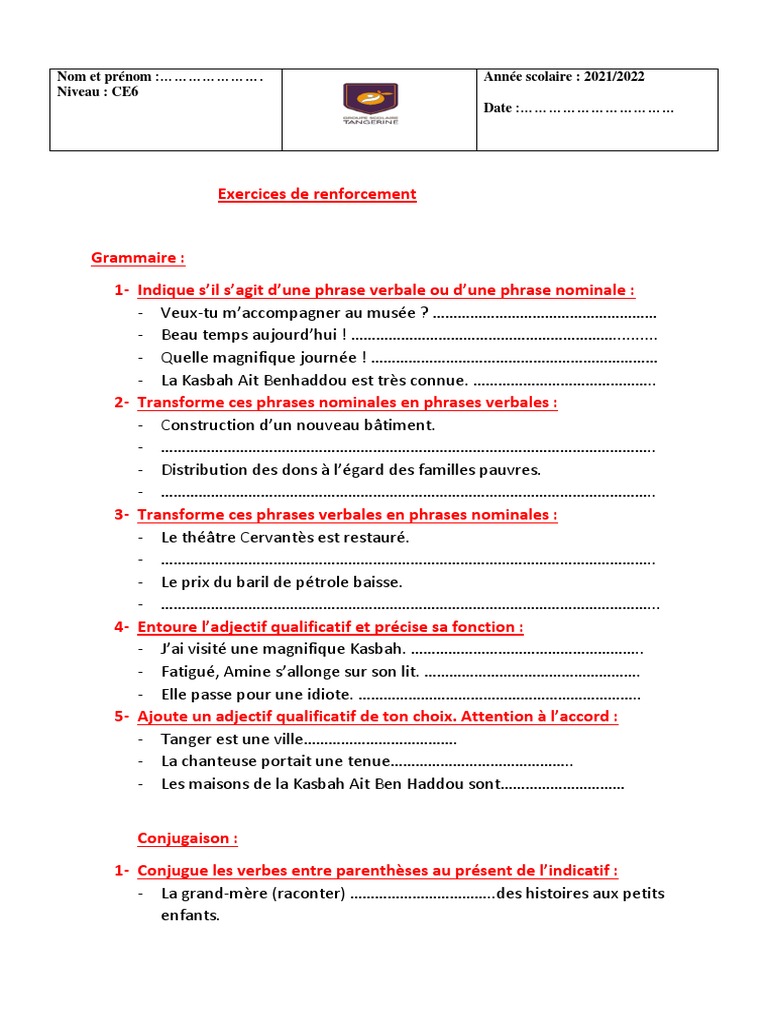 Le Groupe Verbal Exercices Corrigés Cm2 Pdf Exercices de Renforcement | PDF | Phrase | Typologie linguistique